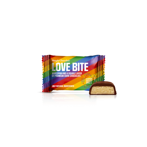 Love Bite - 75 stk. box | Marcipan og et dobbelt lag mørk chokolade køb online chokolade gaver